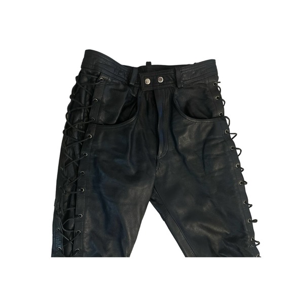 Vintage 32x30 Jinglers Black Genuine Leather Motorcycle Pant Touring Lace-Up - Picture 2 of 9